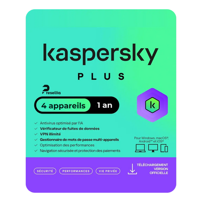 COFFRET ANTIVIRUS KAPERSKY PLUS 4 POSTES  12 MOIS de validité