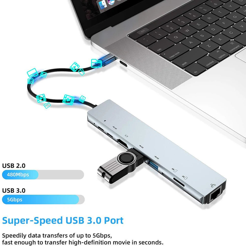 Hub USB C 8 en 1 Type C -AVEC  ADAPTATEUR  HDMI 4K AVEC  RJ45 Lecteur de carte SD/TF POUR ORDINATEUR