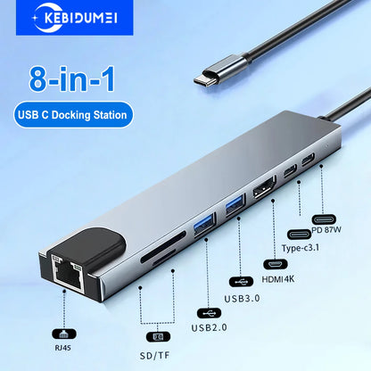 Hub USB C 8 en 1 Type C -AVEC  ADAPTATEUR  HDMI 4K AVEC  RJ45 Lecteur de carte SD/TF POUR ORDINATEUR