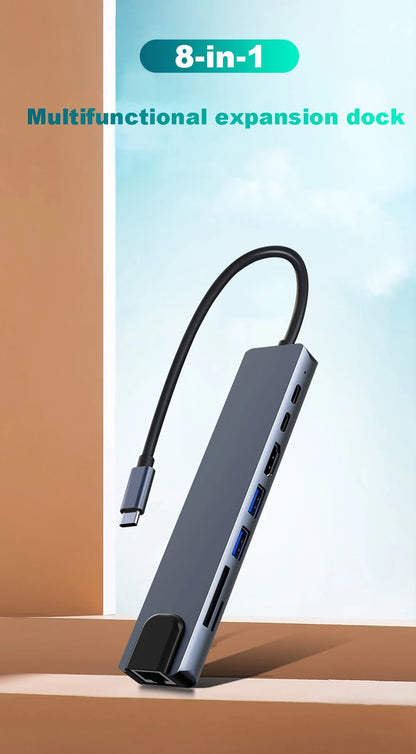 Hub USB C 8 en 1 Type C -AVEC  ADAPTATEUR  HDMI 4K AVEC  RJ45 Lecteur de carte SD/TF POUR ORDINATEUR