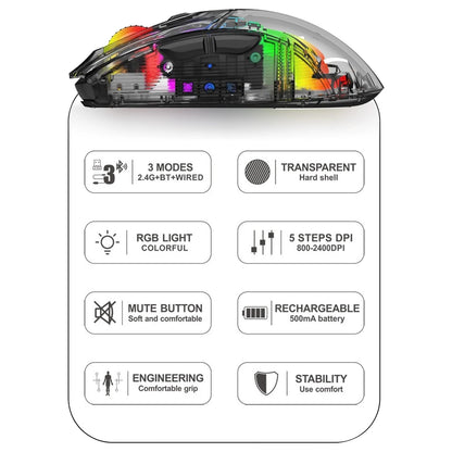 SOURIS GAMING BLEUTOOTH TRANSPARANT  affichant 3 mode de lumières   RGB(red-green-bleu)